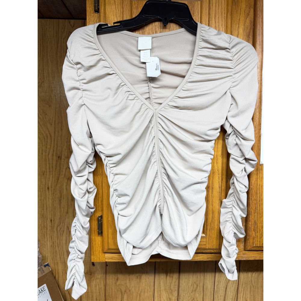 HM Womens Beige Ruched Long Sleeve V-Neck Top Taupe XS